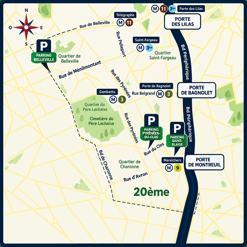 Karte des 20. Arrondissements von Paris mit den drei Parkhäusern von Paris France Parking: Belleville-Ménilmontant, Pyrénées-du-Clos und Saint-Blaise, mit der Porte de Bagnolet und der Porte de Montreuil, dem Friedhof Père-Lachaise und den Metrolinien 3, 9, 11 und 3bis.